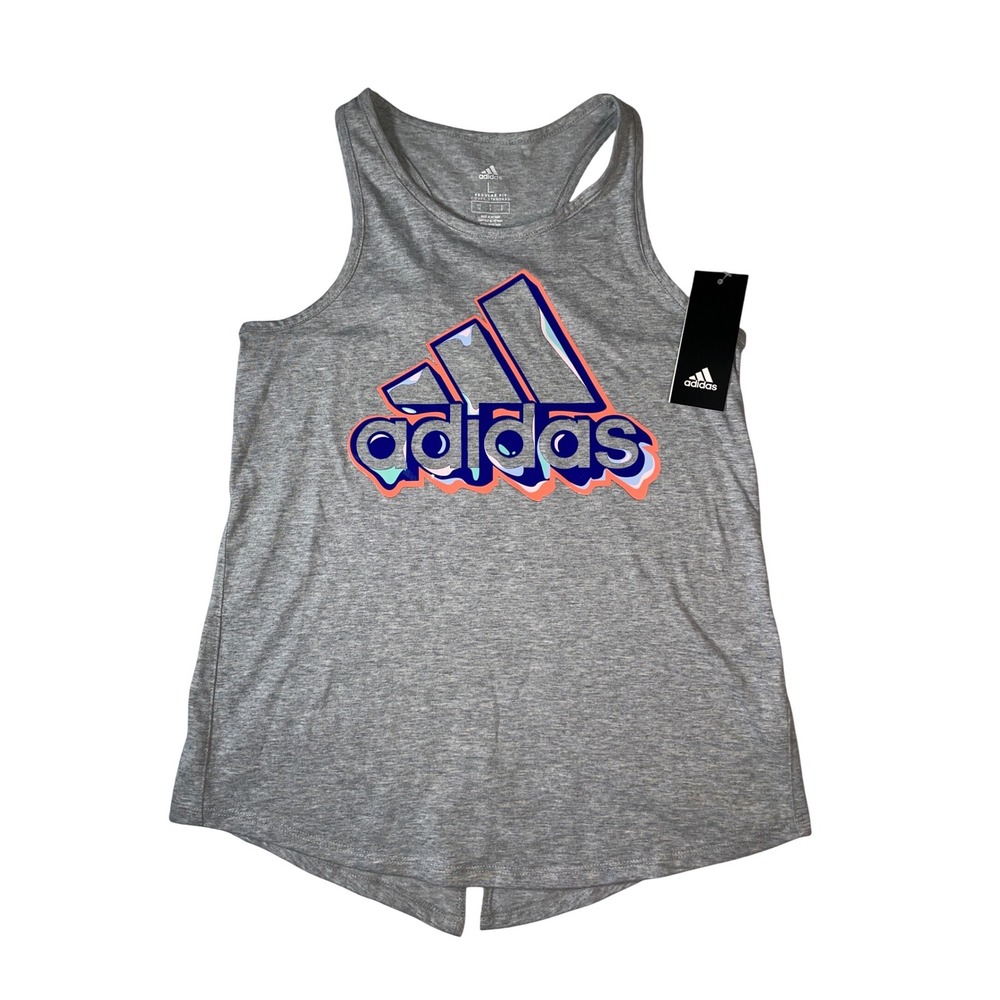 Adidas Girls Graphic Tank Top Heather Grey Racerback Logo Size‎ Large 14 NWT